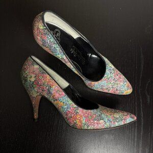 Vintage 50s/1950s Womens 7B Floral Multicolor Glitter Pumps Heels by DeLiso Debs